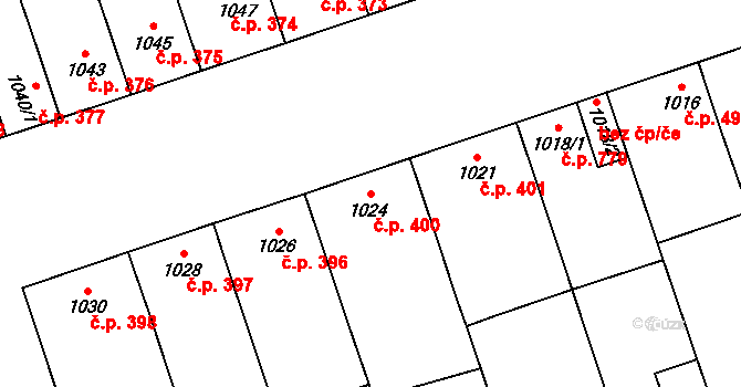 Lužice 400 na parcele st. 1024 v KÚ Lužice u Hodonína, Katastrální mapa
