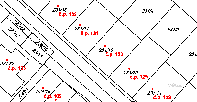 Skoronice 130 na parcele st. 231/13 v KÚ Skoronice, Katastrální mapa