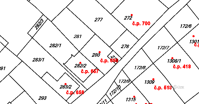 Vnorovy 656 na parcele st. 280 v KÚ Vnorovy, Katastrální mapa