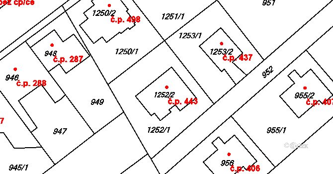Hřebeč 443 na parcele st. 1252/2 v KÚ Hřebeč, Katastrální mapa