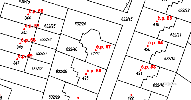 Radvánovice 87, Karlovice na parcele st. 424/1 v KÚ Karlovice, Katastrální mapa