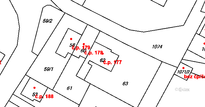Mimoň III 177, Mimoň na parcele st. 62 v KÚ Mimoň, Katastrální mapa