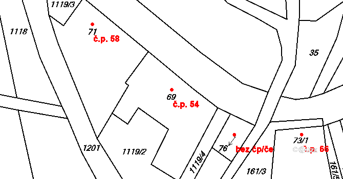 Velký Hubenov 54, Snědovice na parcele st. 69 v KÚ Velký Hubenov, Katastrální mapa