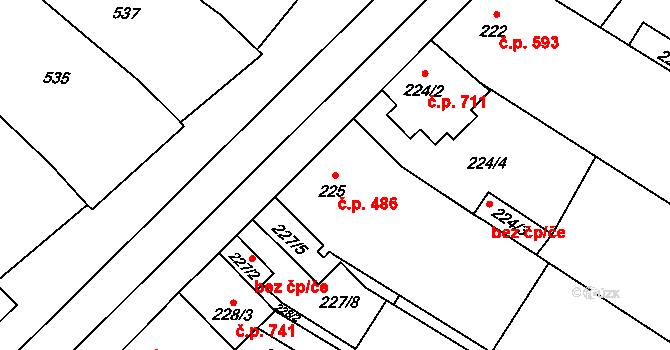 Tuřany 486, Brno na parcele st. 225 v KÚ Tuřany, Katastrální mapa