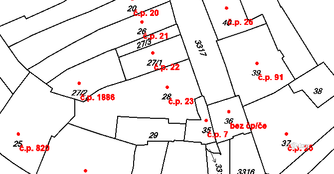Pelhřimov 23 na parcele st. 28 v KÚ Pelhřimov, Katastrální mapa