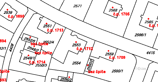 Teplice 1712 na parcele st. 2553 v KÚ Teplice, Katastrální mapa