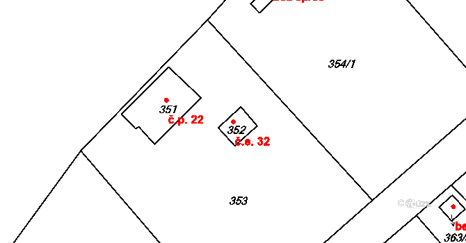 Červený Hrádek 32, Jirkov na parcele st. 352 v KÚ Červený Hrádek u Jirkova, Katastrální mapa