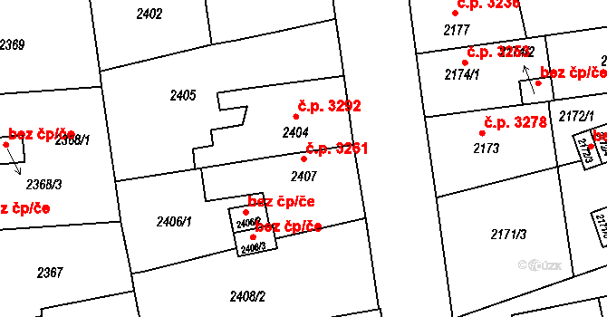 Chomutov 3261 na parcele st. 2407 v KÚ Chomutov II, Katastrální mapa