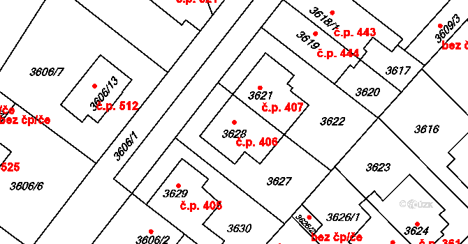 Božkov 406, Plzeň na parcele st. 3628 v KÚ Plzeň, Katastrální mapa