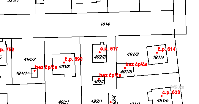 Černice 517, Plzeň na parcele st. 492/3 v KÚ Bručná, Katastrální mapa