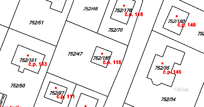 Mokré 115, Litvínovice na parcele st. 752/185 v KÚ Litvínovice, Katastrální mapa