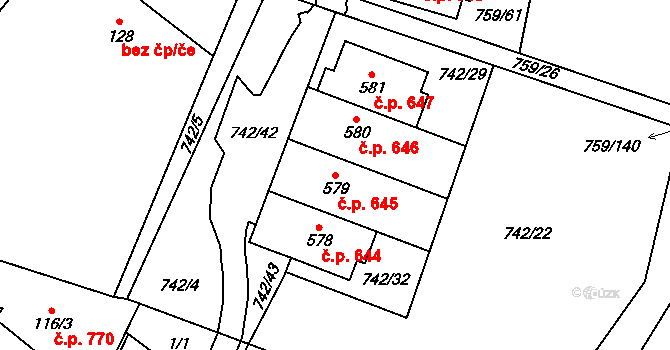 Jesenice 645 na parcele st. 579 v KÚ Jesenice u Prahy, Katastrální mapa