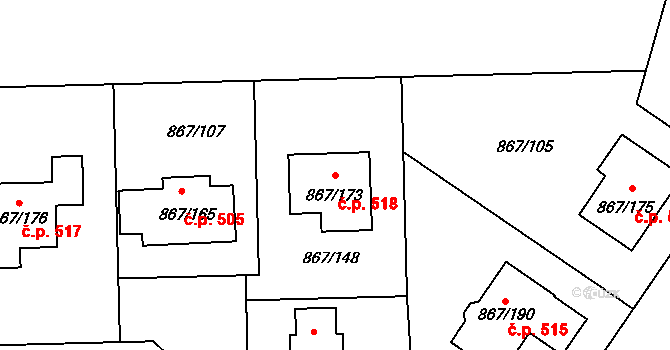 Hřebeč 518 na parcele st. 867/173 v KÚ Hřebeč, Katastrální mapa