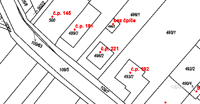 Královopolské Vážany 221, Rousínov na parcele st. 496/2 v KÚ Královopolské Vážany, Katastrální mapa