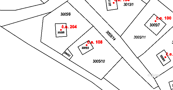 Prostřední Dvůr 108, Vítkov na parcele st. 3005/3 v KÚ Vítkov, Katastrální mapa