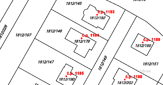Kosmonosy 1184 na parcele st. 1812/179 v KÚ Kosmonosy, Katastrální mapa