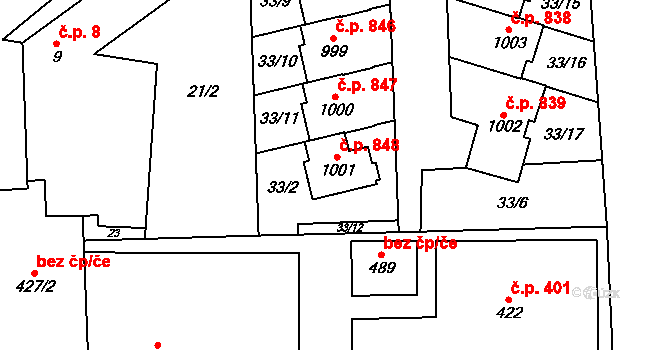 Hovorčovice 848 na parcele st. 1001 v KÚ Hovorčovice, Katastrální mapa