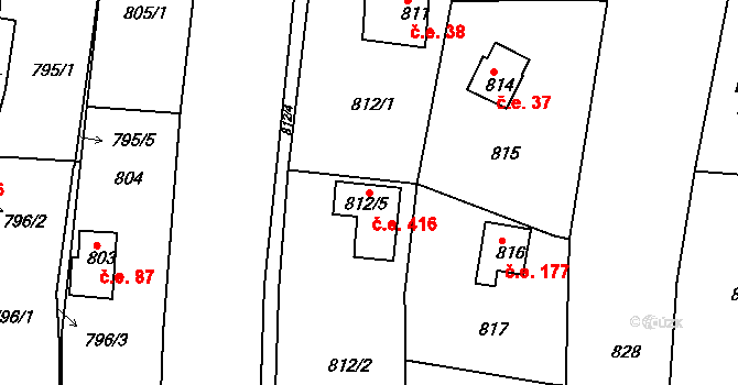 Popůvky 416 na parcele st. 812/5 v KÚ Popůvky u Brna, Katastrální mapa