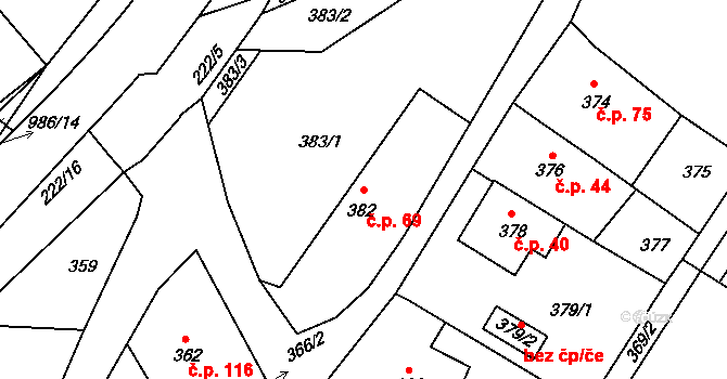 Štípa 69, Zlín na parcele st. 382 v KÚ Štípa, Katastrální mapa