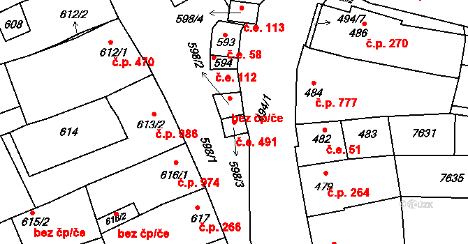 Hustopeče 490,491 na parcele st. 598/3 v KÚ Hustopeče u Brna, Katastrální mapa
