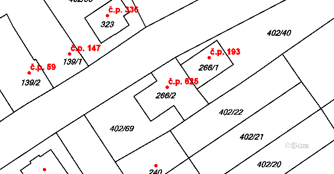 Okříšky 625 na parcele st. 266/2 v KÚ Okříšky, Katastrální mapa