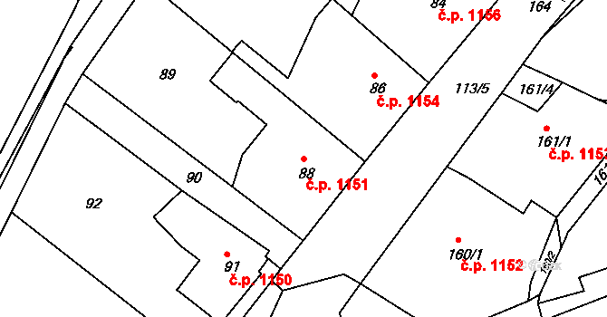 Příbor 1151 na parcele st. 88 v KÚ Klokočov u Příbora, Katastrální mapa