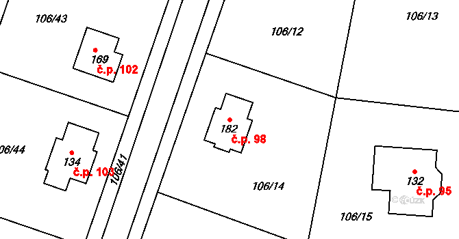 Kobylice 98 na parcele st. 182 v KÚ Kobylice, Katastrální mapa
