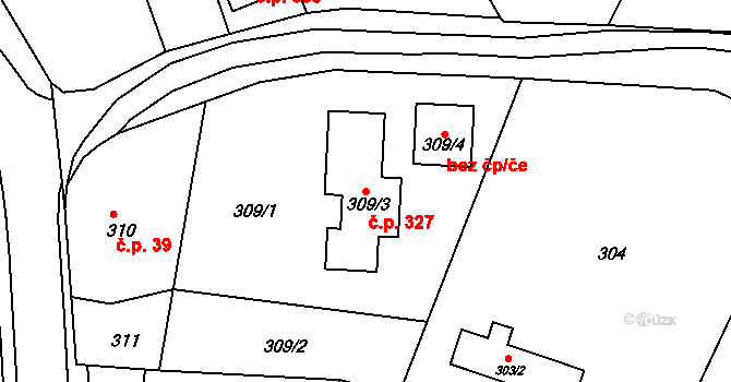 Kanice 327 na parcele st. 309/3 v KÚ Kanice, Katastrální mapa