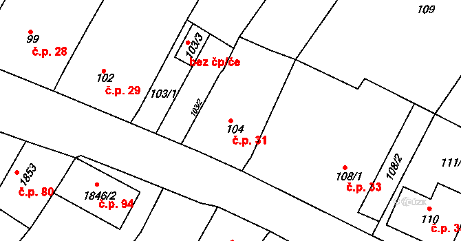 Popice 31, Znojmo na parcele st. 104 v KÚ Popice u Znojma, Katastrální mapa