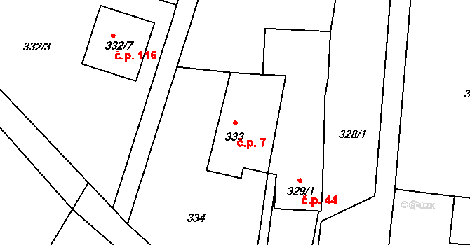Milotice nad Bečvou 7 na parcele st. 333 v KÚ Milotice nad Bečvou, Katastrální mapa