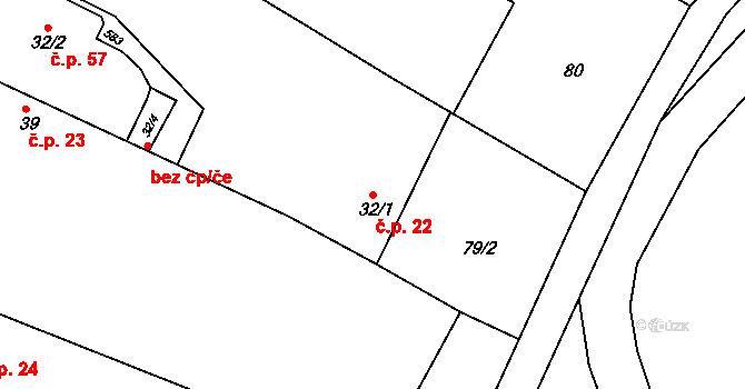 Chvalovice 22, Kovanice na parcele st. 32/1 v KÚ Chvalovice u Nymburka, Katastrální mapa