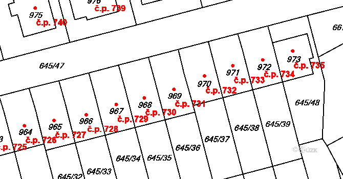 Lišov 731 na parcele st. 969 v KÚ Lišov, Katastrální mapa