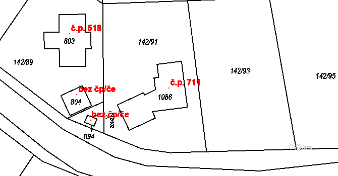 Strančice 711 na parcele st. 1086 v KÚ Strančice, Katastrální mapa
