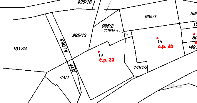Kamenička 33, Kamenice na parcele st. 14 v KÚ Kamenička, Katastrální mapa