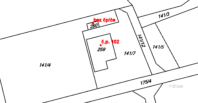 Bocanovice 102 na parcele st. 259 v KÚ Bocanovice, Katastrální mapa