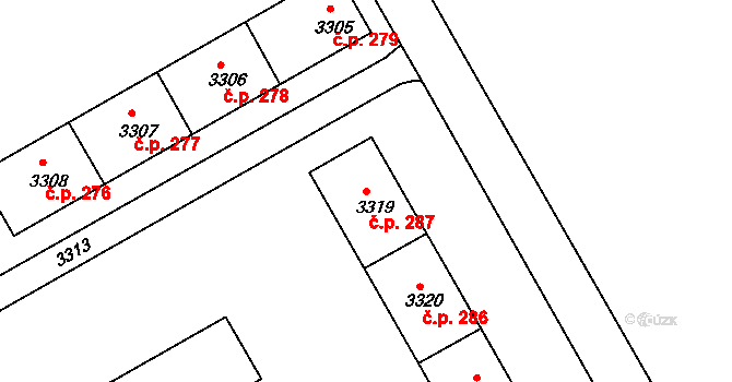 Lyžbice 287, Třinec na parcele st. 3319 v KÚ Lyžbice, Katastrální mapa