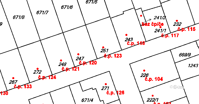 Olšany 123, Brandýsek na parcele st. 251 v KÚ Brandýsek, Katastrální mapa