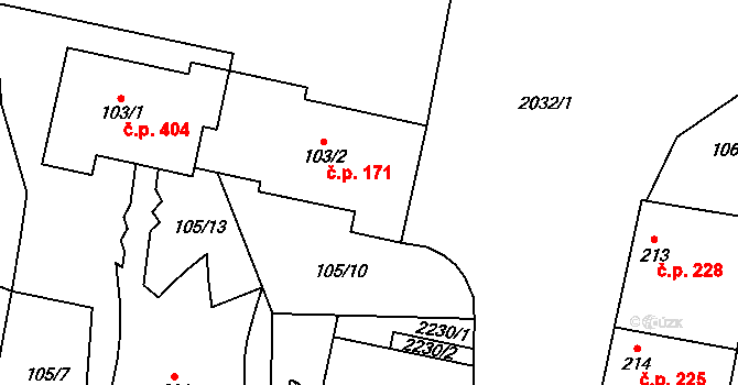 Louka 171 na parcele st. 103/2 v KÚ Louka u Ostrohu, Katastrální mapa
