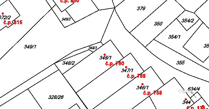 Šardice 760 na parcele st. 348/1 v KÚ Šardice, Katastrální mapa