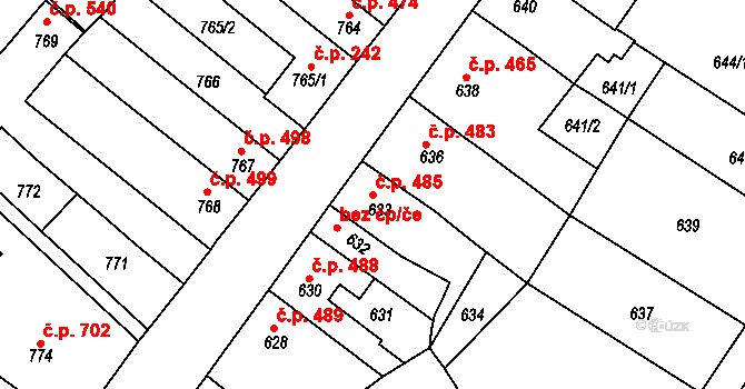 Ivanovice na Hané 485 na parcele st. 633 v KÚ Ivanovice na Hané, Katastrální mapa