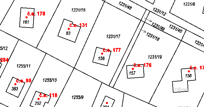 Měřín 177, Rabyně na parcele st. 156 v KÚ Blaženice, Katastrální mapa
