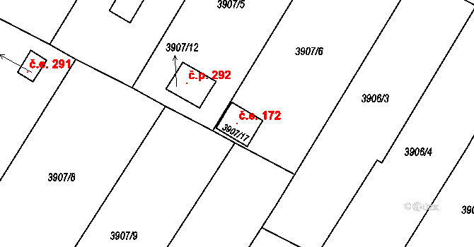 Roudnice nad Labem 172 na parcele st. 3907/17 v KÚ Roudnice nad Labem, Katastrální mapa