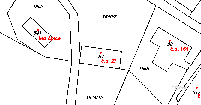 Mníšek 27 na parcele st. 87 v KÚ Mníšek u Liberce, Katastrální mapa