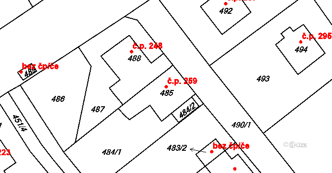 Loděnice 259 na parcele st. 485 v KÚ Loděnice u Berouna, Katastrální mapa