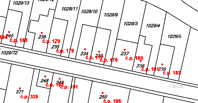 Lomnice 176 na parcele st. 233 v KÚ Lomnice u Tišnova, Katastrální mapa