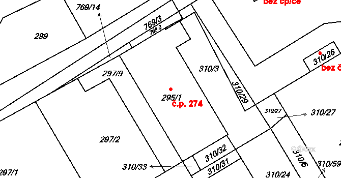 Osek 274 na parcele st. 295/1 v KÚ Osek u Hořovic, Katastrální mapa