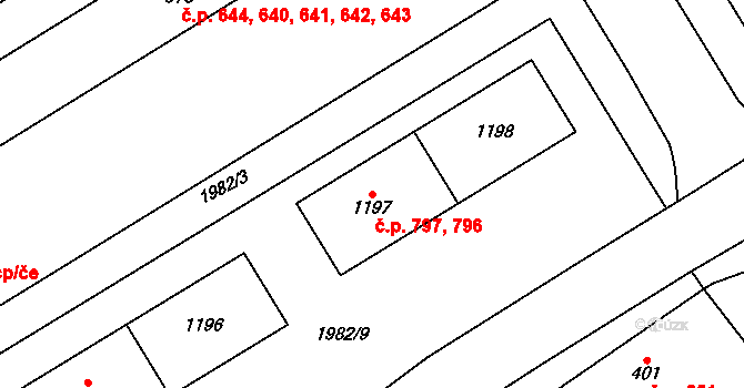 Uničov 796,797 na parcele st. 1197 v KÚ Uničov, Katastrální mapa