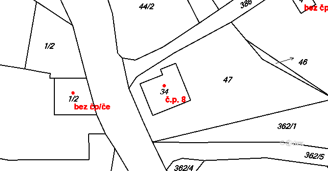 Borek 8 na parcele st. 34 v KÚ Borek u Miletína, Katastrální mapa