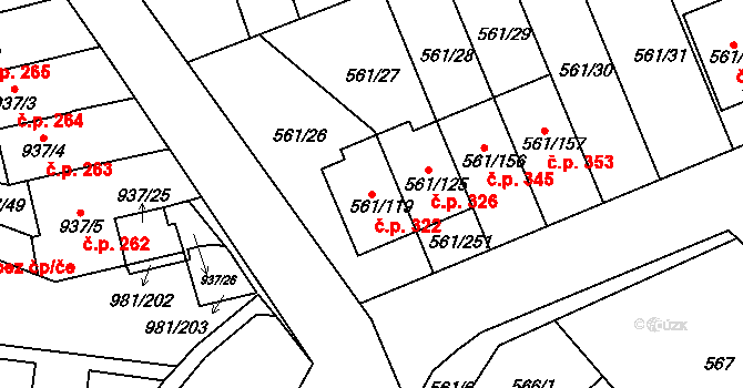 Chlumec 322 na parcele st. 561/119 v KÚ Chlumec u Chabařovic, Katastrální mapa