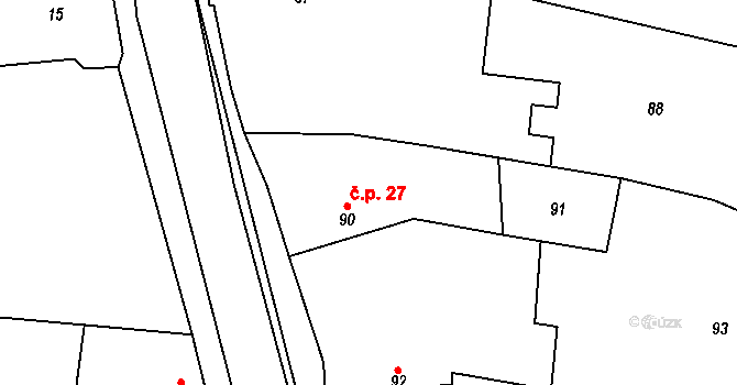 Hronětice 27, Kostomlaty nad Labem na parcele st. 90 v KÚ Hronětice, Katastrální mapa